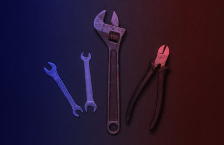 Set of work tools on black background. Top viewの写真素材