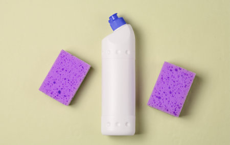 Cleaning concept. Detergent bottle, sponges on yellow, pastel background. Top viewの写真素材
