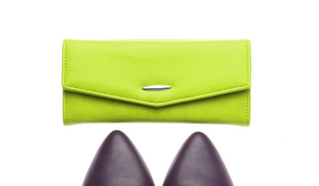Classic leather high heel shoes, wallet isolated on white background. Women's accessoriesの写真素材