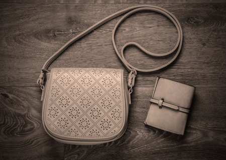 Fashionable leather bag and wallet on the floor. Top viewの写真素材