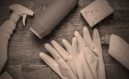 Cleaning products on the floor. Top view. Flat layの写真素材