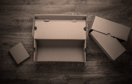 Empty cardboard boxes on the floor. Top viewの写真素材