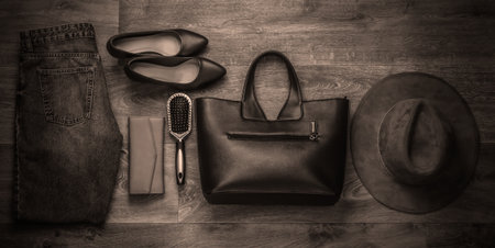 Women's stylish accessories on the floor. Fashionista. Top view. Flat layの写真素材