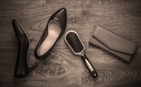 Women's stylish accessories on the floor. Top view. Flat layの写真素材