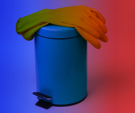 Yellow rubber gloves on a trash binの写真素材