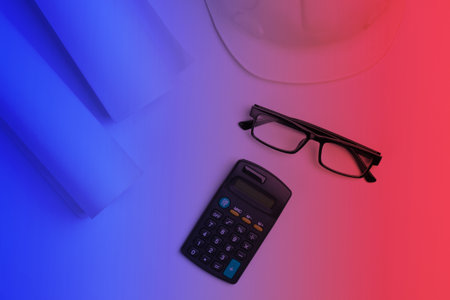 Engineering and construction equipment in red blue neon lightの写真素材