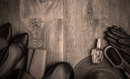 Women's stylish accessories on the floor. Fashionista. Top view. Copy space. Flat lay styleの写真素材