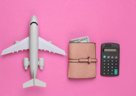 Calculation of the cost of rest or emigration, air flight. Travel background. Traveler, tourist...
