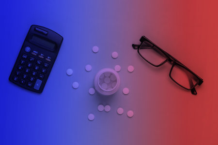 Economic calculation of the cost of treatment, analysis of the cost of medicines. Bottle of pills, calculator, glasses in neon light. Top viewの写真素材