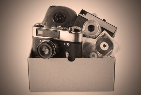 Cardboard box with retro items.の写真素材