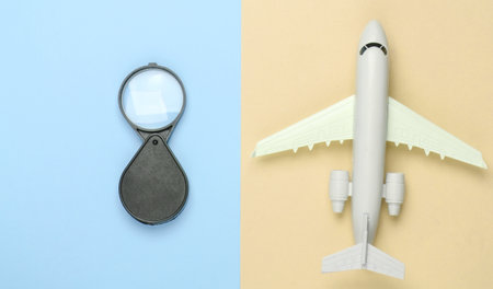 Flat lay travel composition. Airplane figurine and magnifier on yellow blue pastel background. Top...