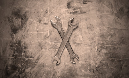 Two Wrench on concrete background. Work tool. Top viewの写真素材