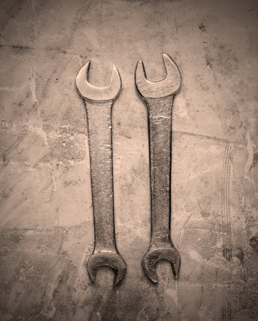 Two Wrench on concrete background. Work tool. Top viewの写真素材