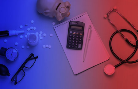 Doctoral supplies and tools, notebook in neon light. Doctor workspace. Top view. Flat layの写真素材