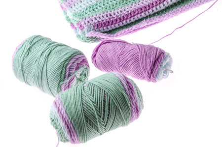 Skein of woolen threads isolated on white backgroundの写真素材