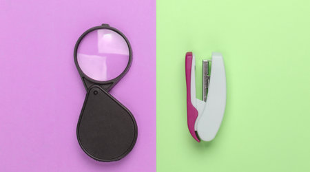 Magnifier and stapler on a pink-green pastel background. Top view