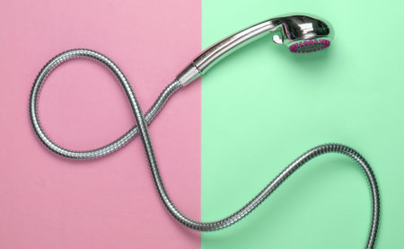 Shower head for the bathroom with a hose on green pink pastel background. Top viewの写真素材