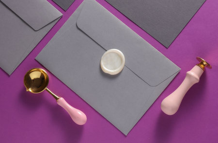 Envelope with sealing wax and vintage stamp, spoon on purple background