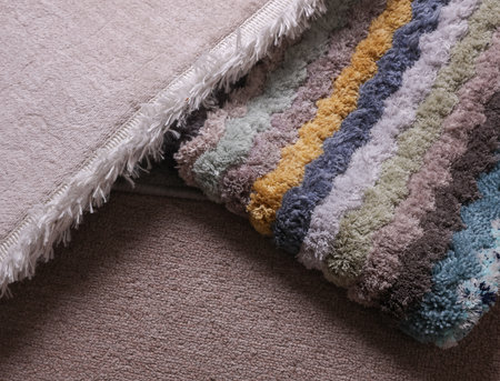 Beautiful soft shaggy carpets rugs close up.