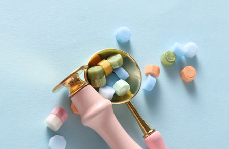 Wax Seal Making Kit on Blue Background. Top View. Flat Layの写真素材