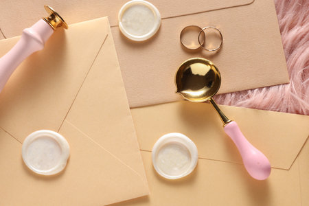 Envelopes with wax seals, vintage stamp and two gold rings on pink fuzzy background. Wedding invitationの写真素材