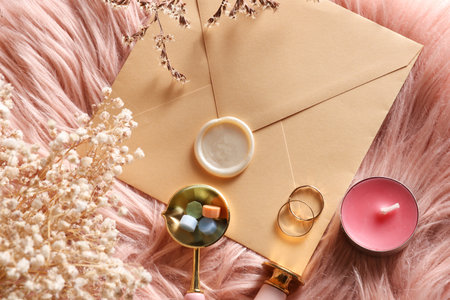 Envelope with wax seal and vintage stamp and two gold rings on pink fuzzy background. Wedding...