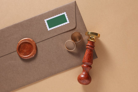 Wedding invitation stationery set. Envelope with sealing wax and vintage stamps, gold rings on beige...