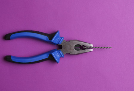 Pliers holding a screw on a purple background