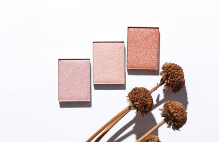 Eyeshadow for makeup with dry grass. Cosmetic product sample on white background. Creative layout. Beauty make concept. Top viewの写真素材