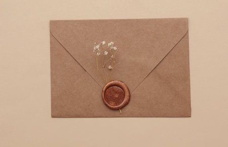 Envelope with wax seal on a beige background.