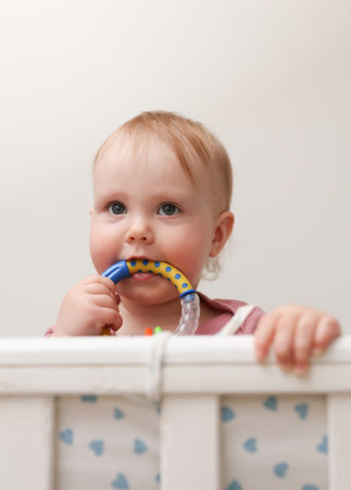 Little cute baby chewing rattle toy in crib with bumperの写真素材