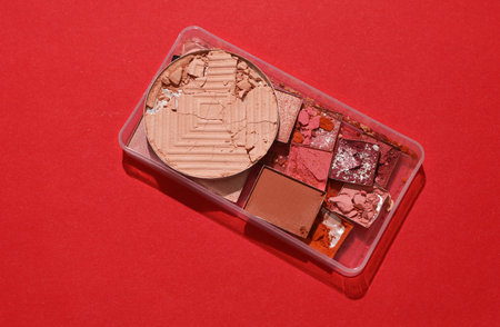 Crushed eyeshadow for makeup. Cosmetic products sample on red background. Beauty concept