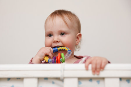 Little cute baby chewing rattle toy in crib with bumper