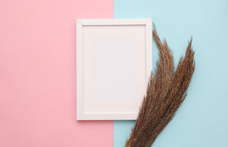 Mockup of white photo frame with dry grass on pink blue backgroundの写真素材