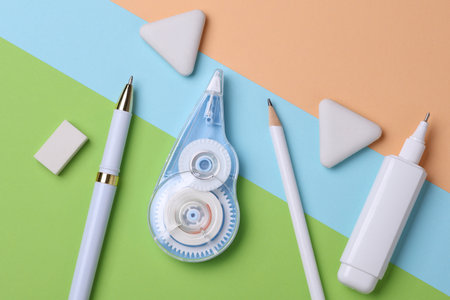 Set of stationery on pastel background. Top view. Flat lay