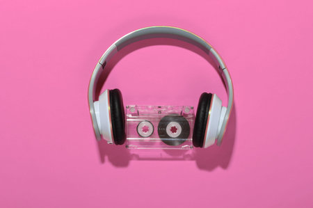 Stylish wireless stereo headphones and audio cassette on pink background with shadow. Music lover....