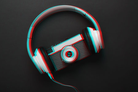 Stylish wired stereo headphones with retro camera on black background. Music lover. Glitch effect