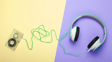Stylish wired stereo headphones with audio cassette on colored pastel background. Music lover. Retro...