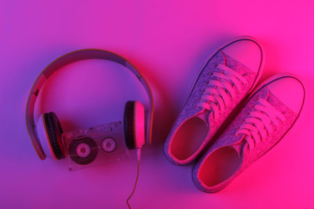 Retro media and 80s entertainment. Headphones, audio cassette and sneakers. Neon pink-blue gradient light. Retro wave. Top viewの写真素材