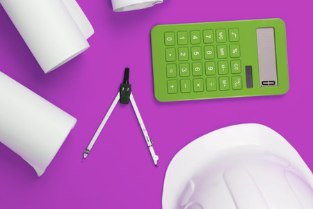 Engineering construction safety helmet, drawing rolls, compass and calculator on pink background. Calculation of the cost of building a house. Top view. Flat layの写真素材