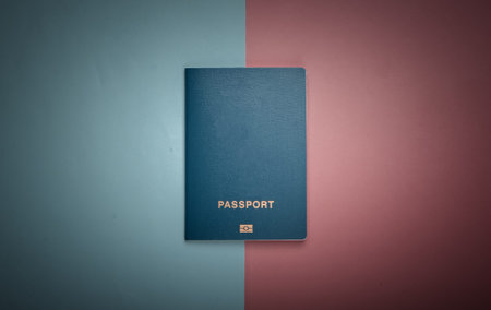 Tourism and travel concept. Emigration. Passport on pink blue background. Top view.