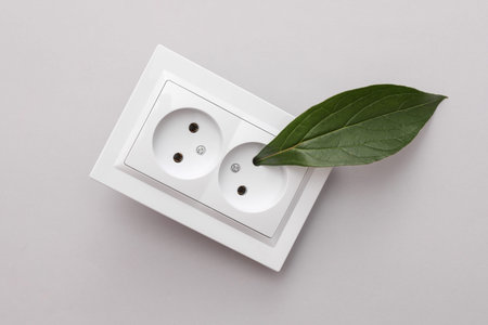 Green energy. Electrical outlet with green leaf on gray background