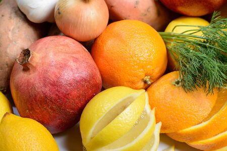 Ingredients: fruits and vegetables on a pile.