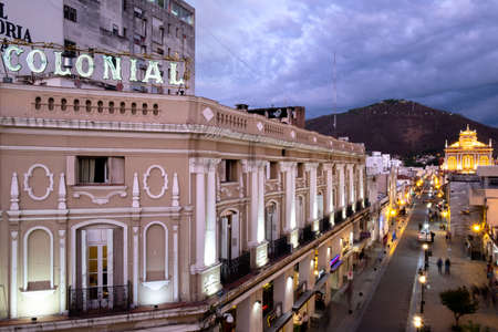 SALTA, ARGENTINA - OCTOBER 2018: Night in Salta with Colonial hotel and Church of Saint Francis.のeditorial素材