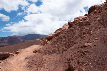 Woman at Tres Cruces viewpoint, Quebrada de las Conchas, Cafayate, Salta, Argentinaの写真素材