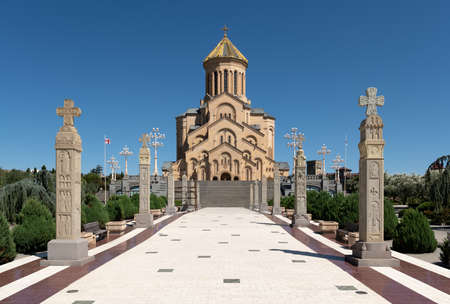 The Holy Trinity Cathedral, or Sameba Cathedral in Tbilisi Georgia. The big orthodox christian church was built in 2004 after traditional Georgian architectureのeditorial素材
