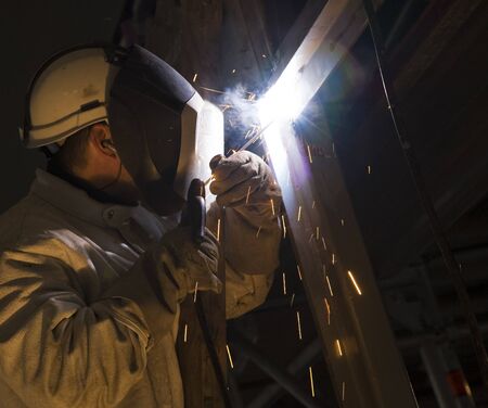 Craftsman with building and weldings at a steel stand, Hamburg, Germanyの写真素材