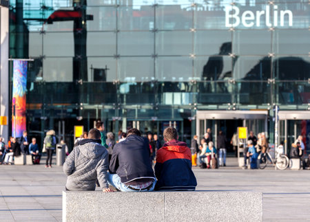 Young people waiting in front of Berlin Central Stationのeditorial素材
