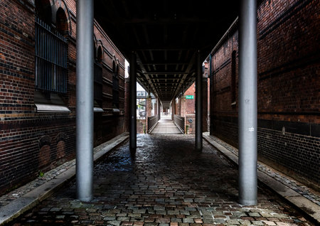 dark path in the Speicherstadt in Hamburgのeditorial素材