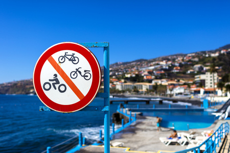 Traffic sign at a swimming pool on the island of Madeiraの写真素材